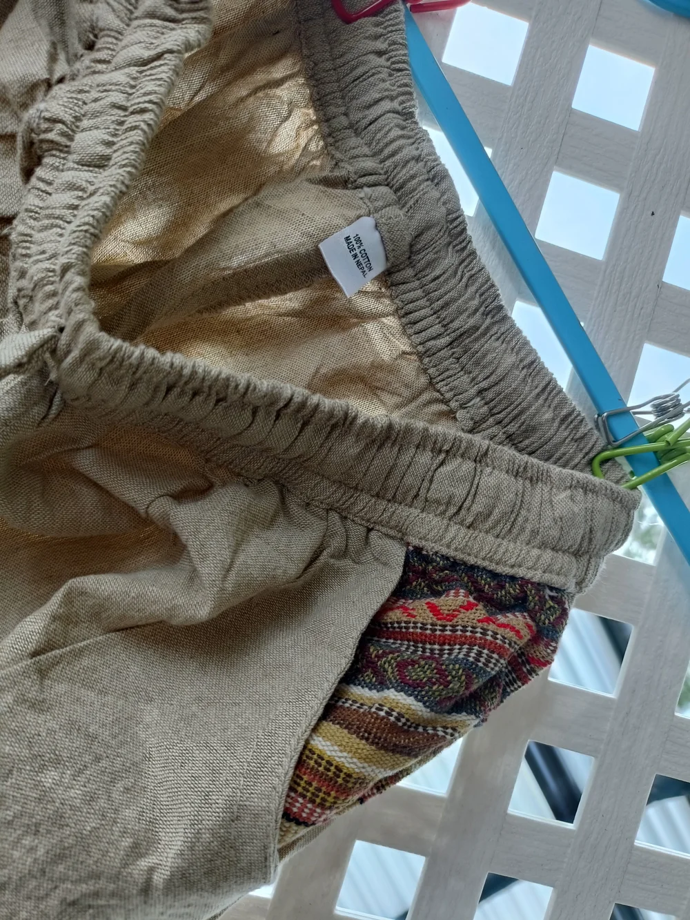 Bohemian Beige Men’s Cargo Pants with Patterned Panels
